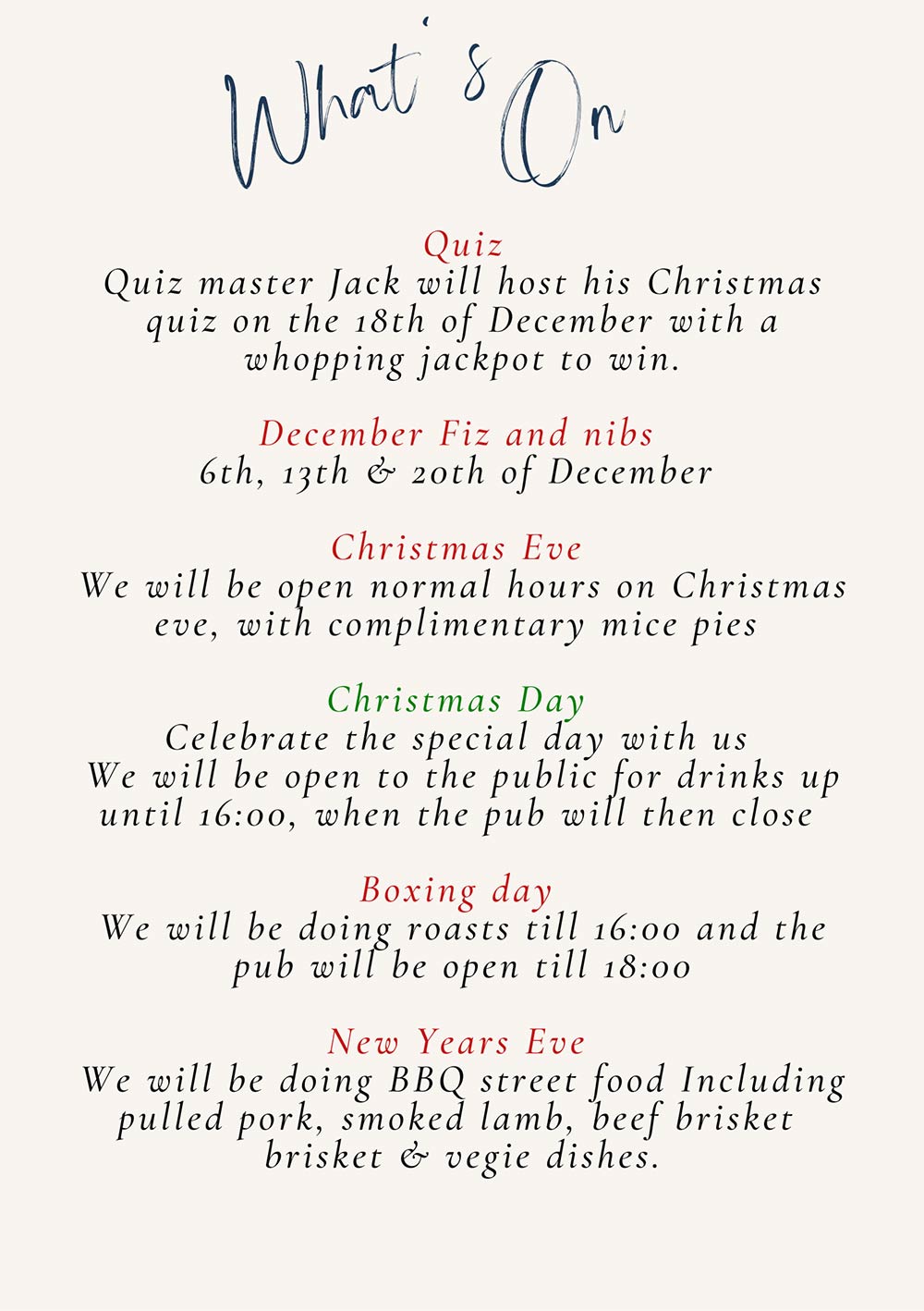 Christmas Events 2024 at The Binsted Inn